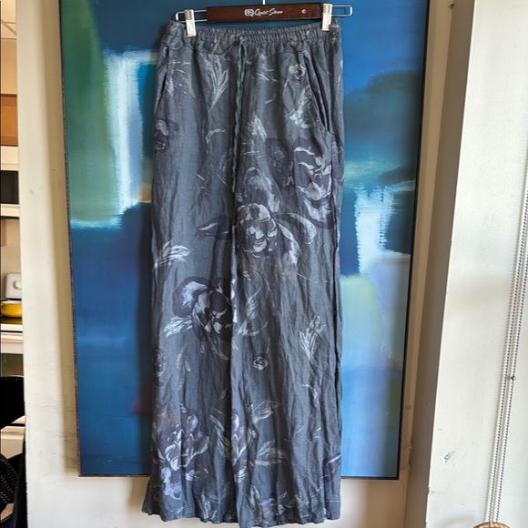 Venti 6 Pants - Venti 6 Linen Blue Floral Wide-Leg Pants